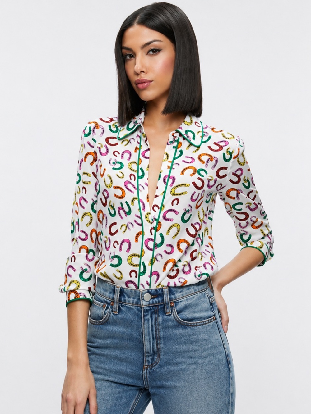 Alice+Olivia Silk Lucky You Willa Horseshoe Blouse Designer Women Size SP